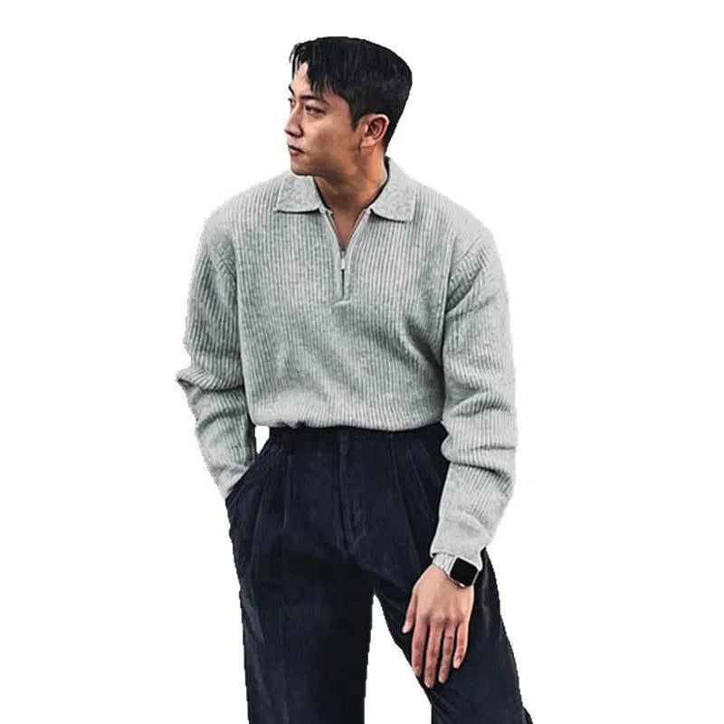 Men's half-zip knitted jacket in black or gray, ice silk polyester, slim fit, turn-down collar, sizes M to XXXL