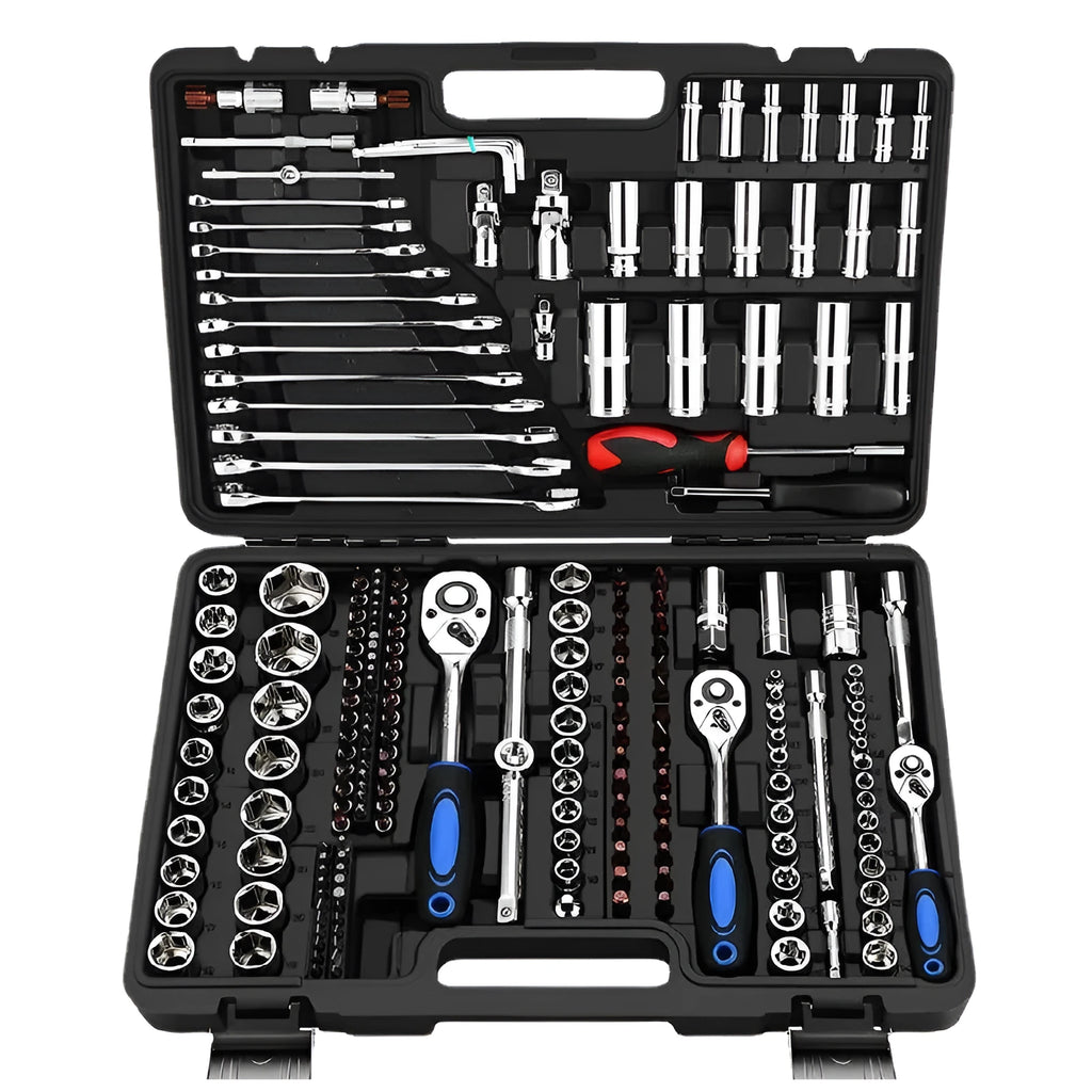 Cr-V chromium vanadium steel socket ratchet wrench set with multiple sockets in a case.