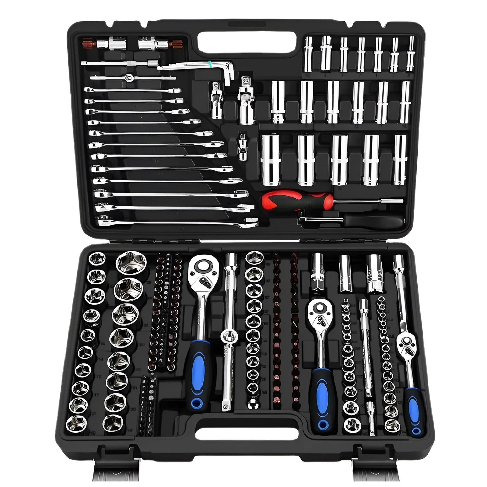 Cr-V chromium vanadium steel socket ratchet wrench set with multiple sockets in a case.