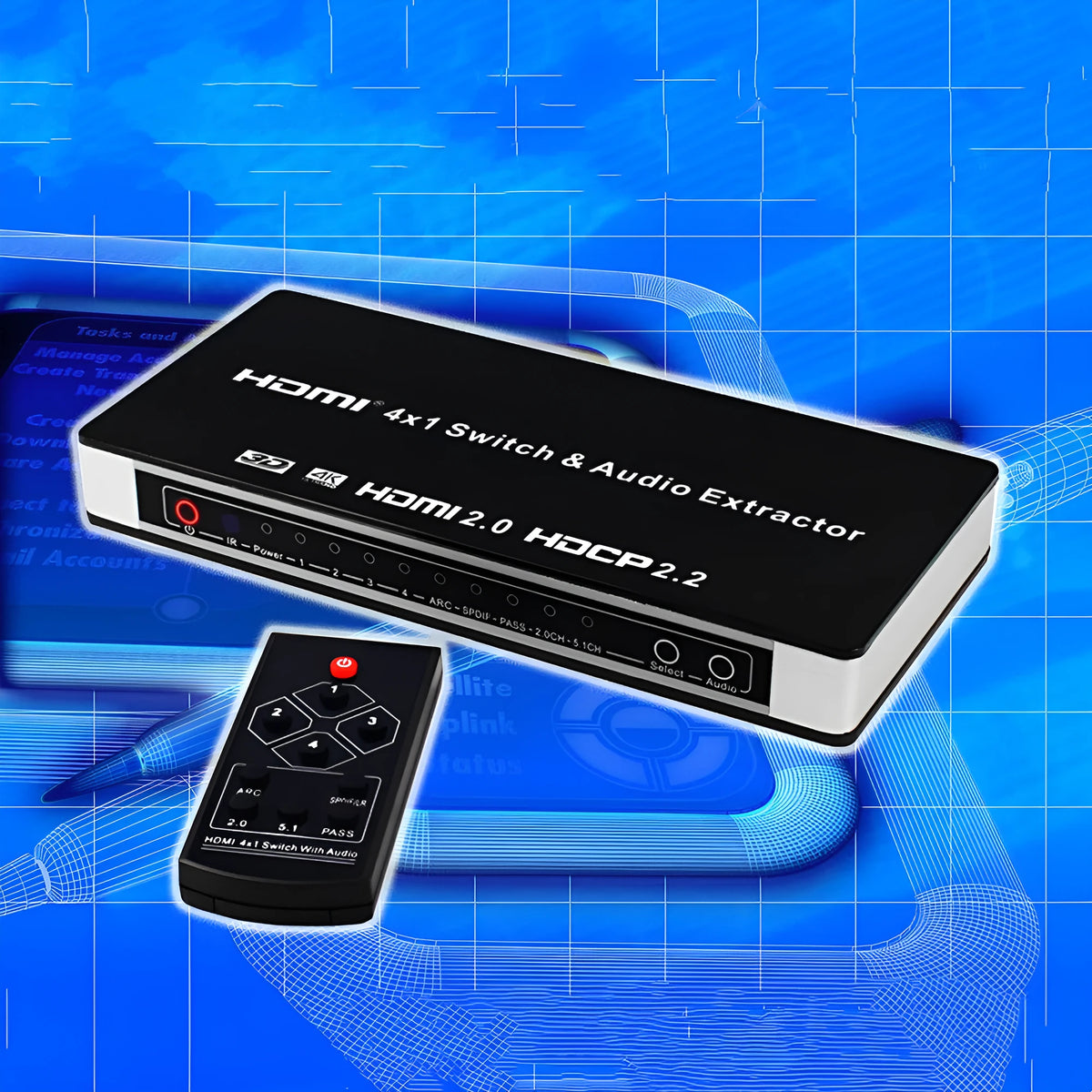 Black HDMI switch unit with four input and one output port, remote control, and power adapter.