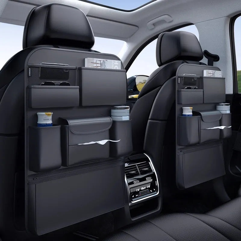 Black leather car seat back storage hanging bag with handle