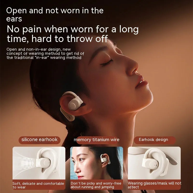 Bone conduction wireless ear clip headphones in black with ear hook design and digital display