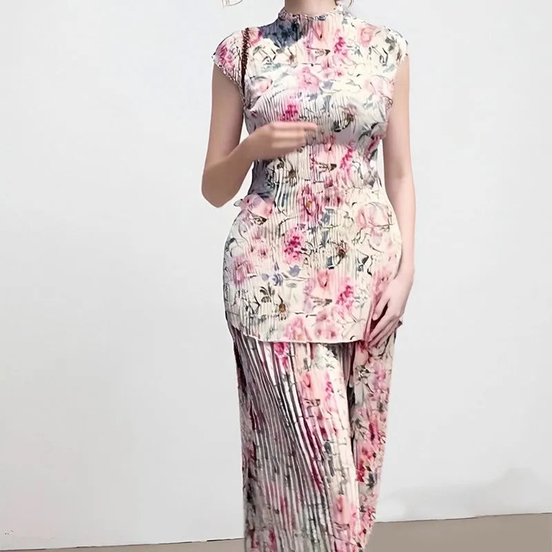 Women's long sleeve printed chiffon dress with high waist design, two-piece set with skirt and top