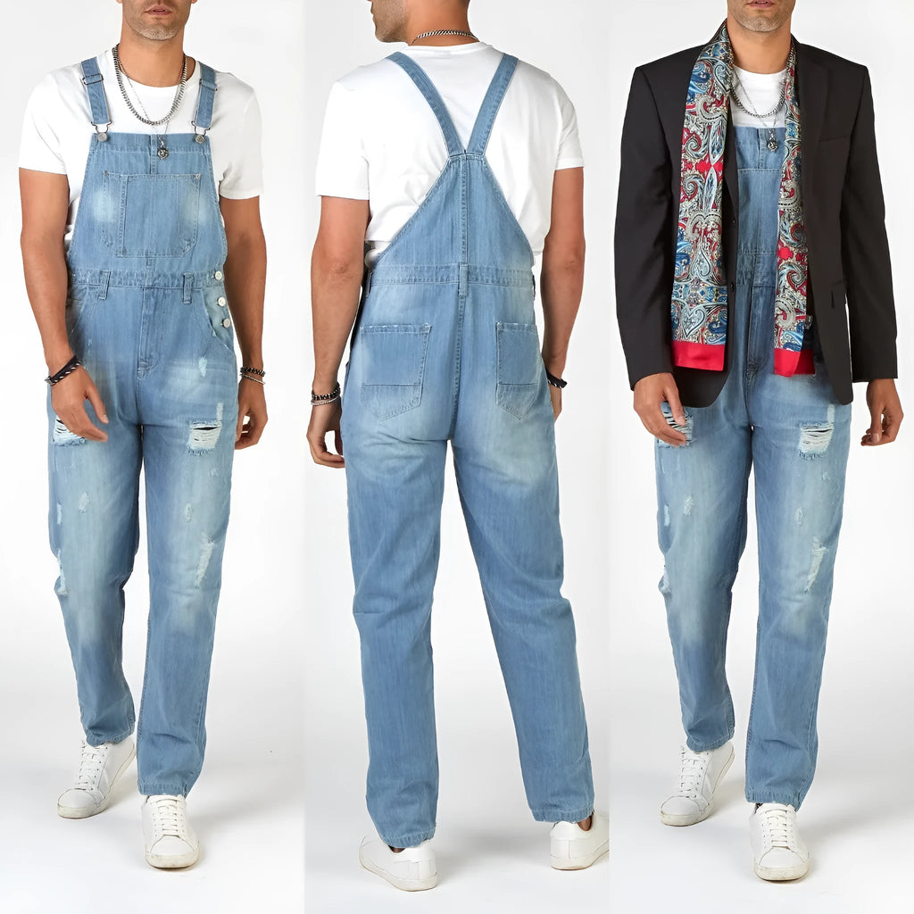 Men's light blue ripped suspender jeans with high waist and straight leg design