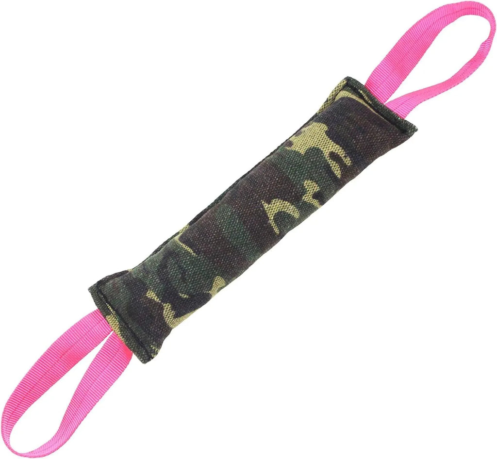 Beige jute dog tug toy with two handles, measuring 30cm long for interactive training
