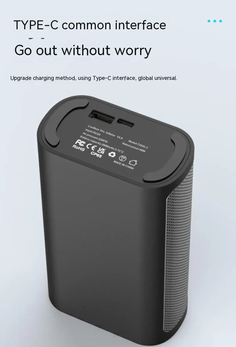 Wireless handheld digital air pump with display screen showing tyre pressure, surrounded by nozzle attachments for car, bicycle and sports inflation