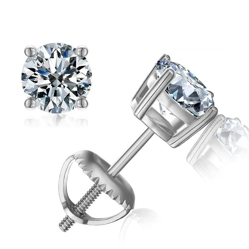 Silver geometric moissanite stud earrings with screw back fastening and four claw settings