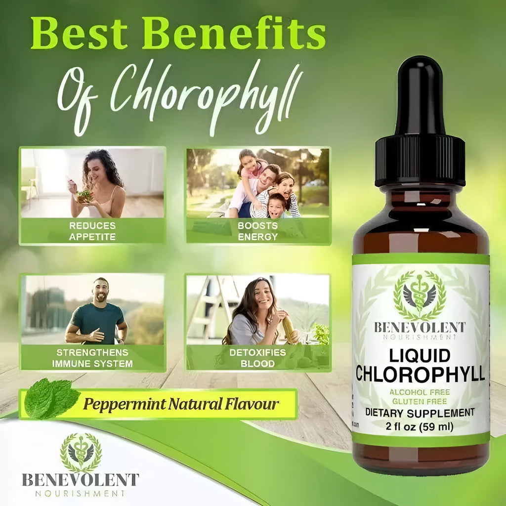 60ml bottle of liquid chlorophyll dietary supplement drops for adult intestinal care.