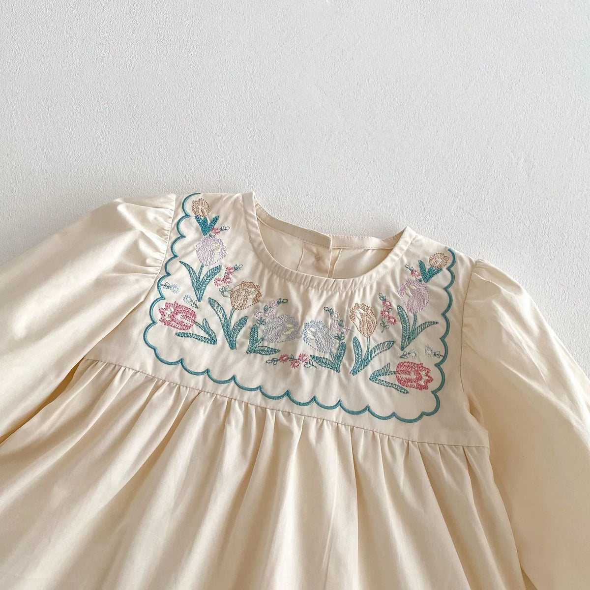 Girls' apricot long sleeve dress with flower embroidery and ruffled details, cotton fabric, princess skirt style