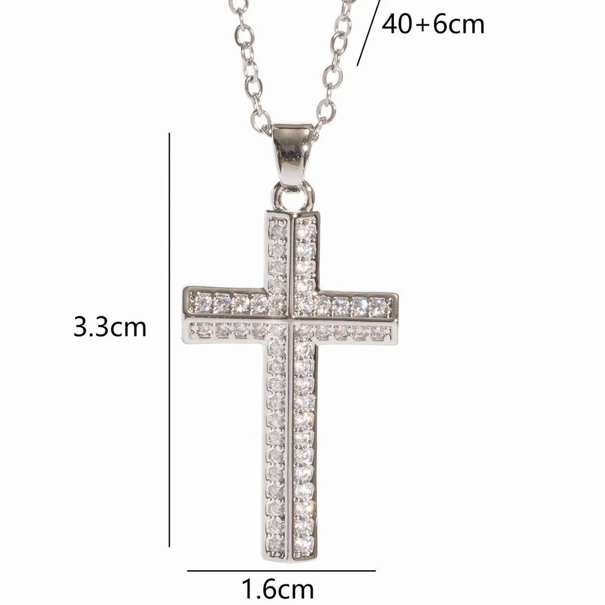 Gold electroplated copper cross necklace with micro inlaid zircon on a 41-50cm O-ring chain.