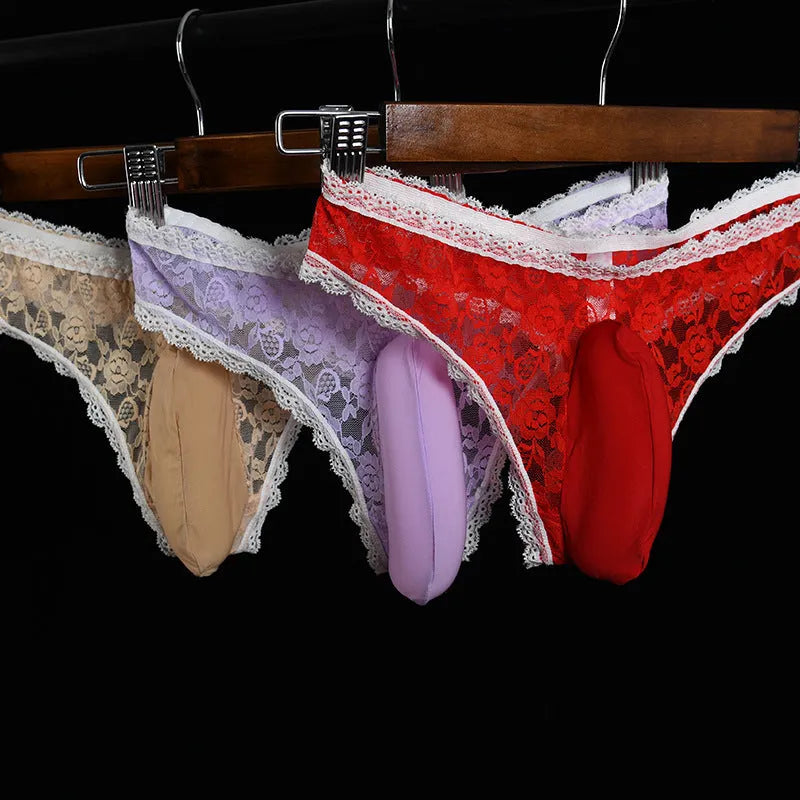 Men's vertical bag egg lace underwear in triangle brief design with low waist cut