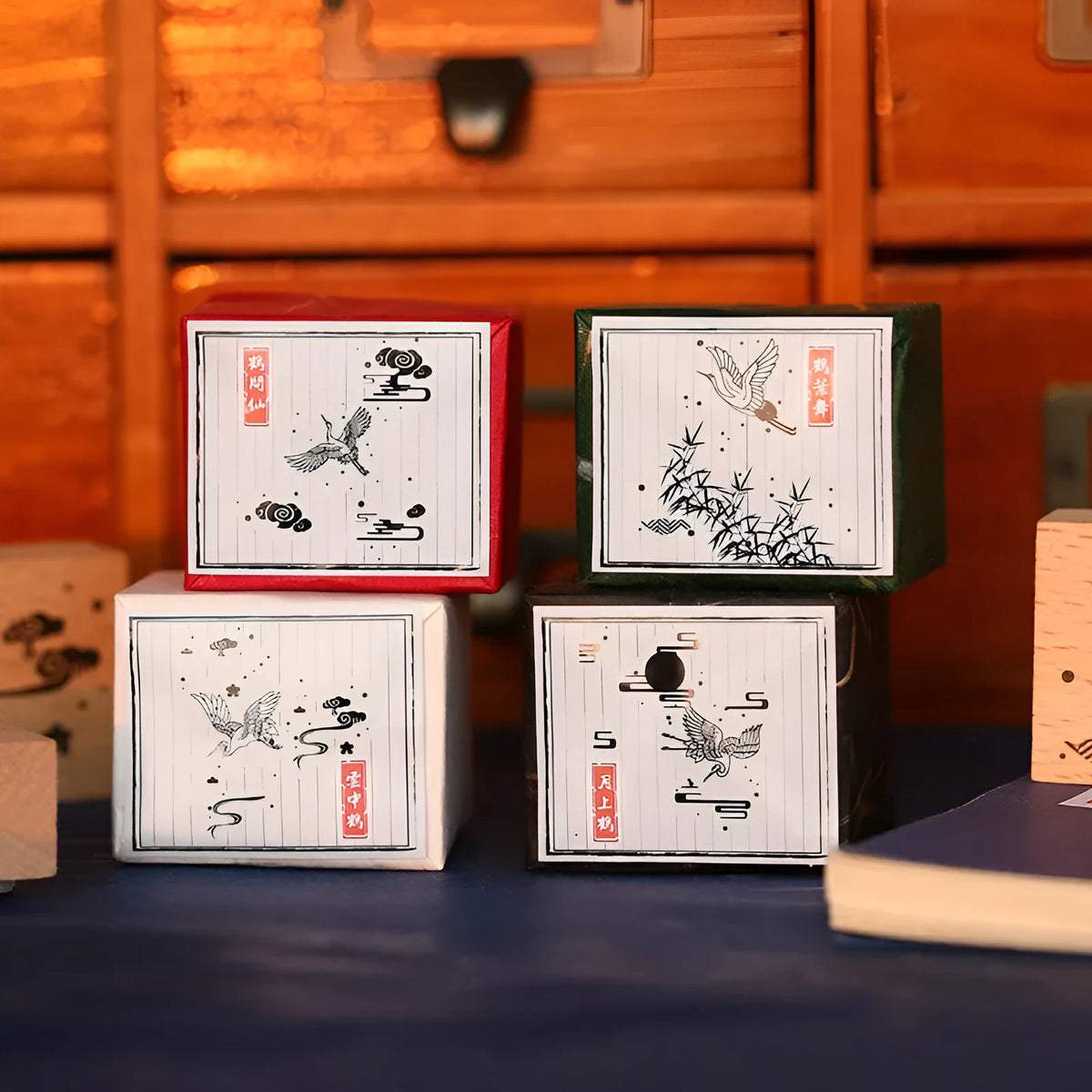Mr. Paper wooden DIY rubber stamp seal set with crane design options for card making and scrapbooking.