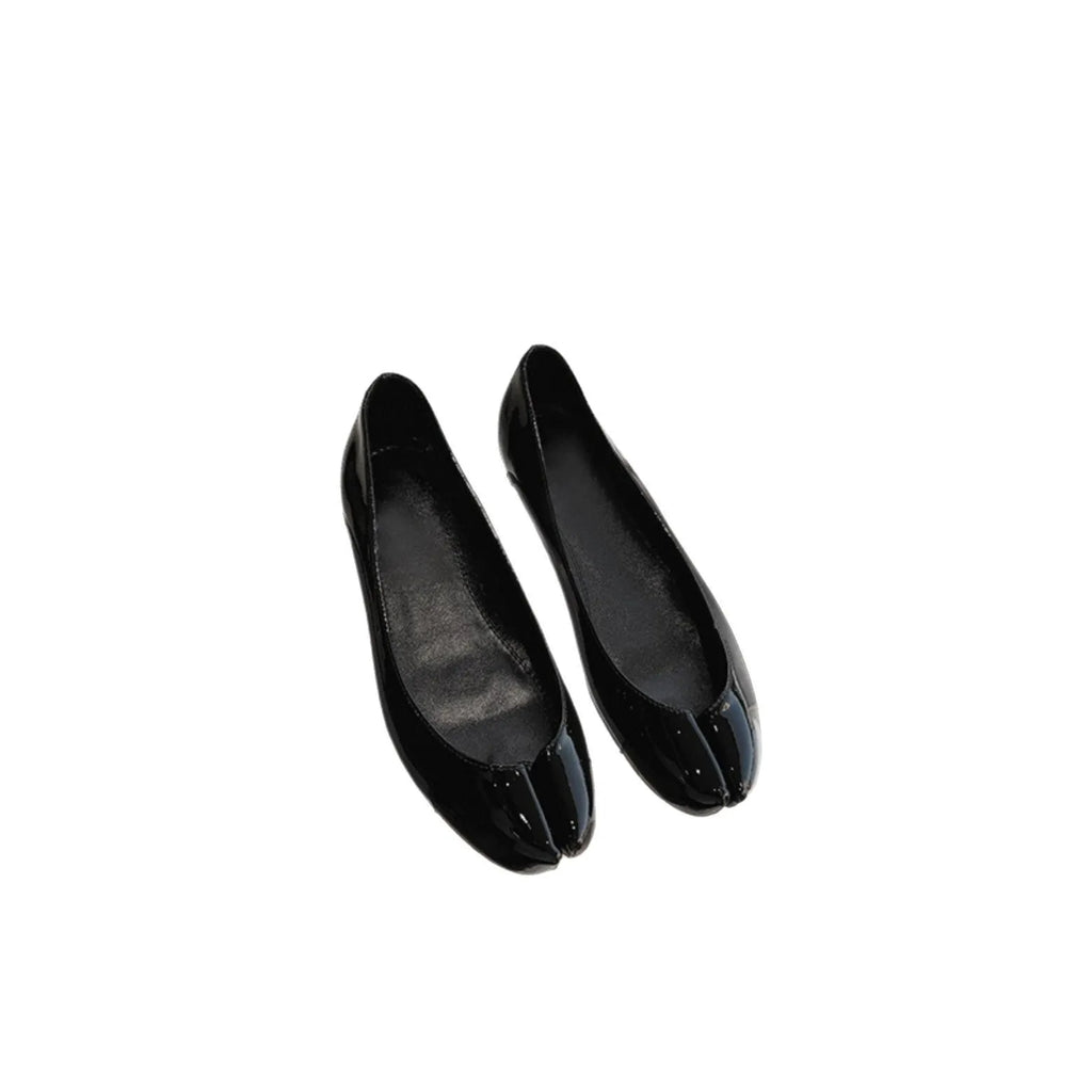Women's slip-on flat bottom split toe pumps in red with low heel and rubber sole