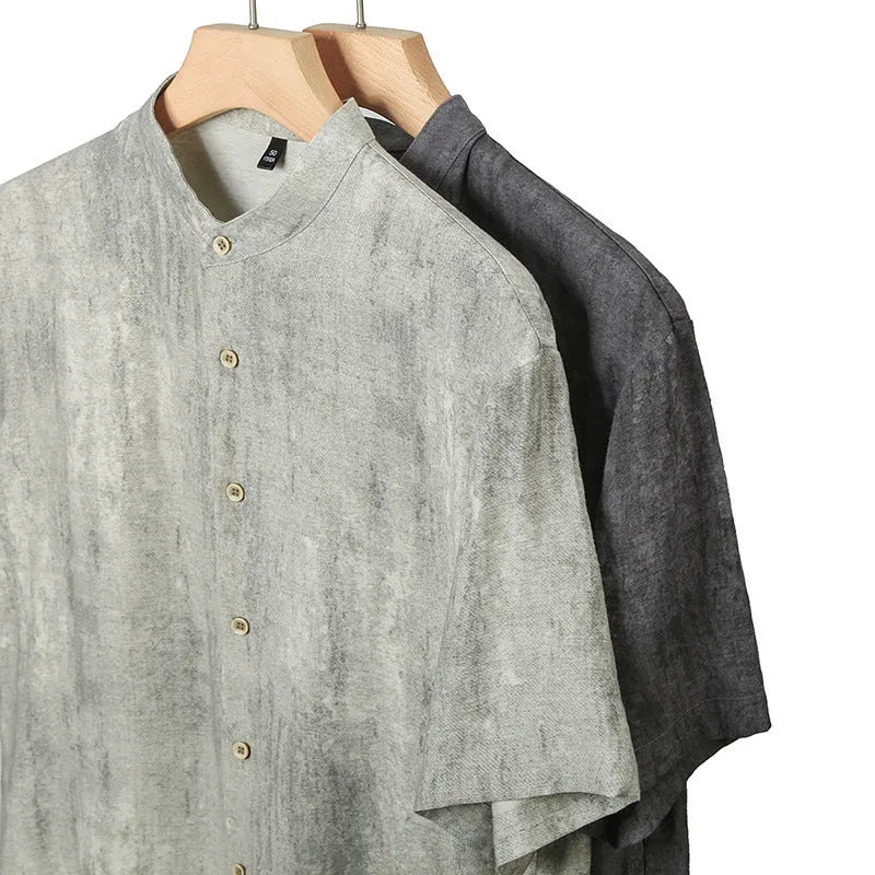 Men's loose fit linen-style shirt in chemical fibre blend fabric with stand collar and short sleeves
