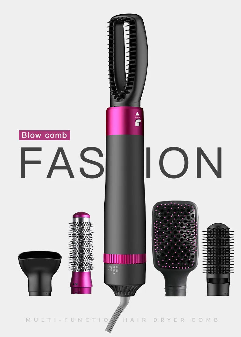 Grey 5-in-1 hot air comb curler hair dryer with styling comb and US Standard plug