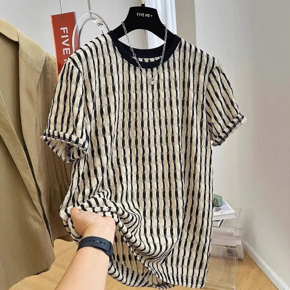Men's black short sleeve shirt with stripes, loose linen silk blend pullover top