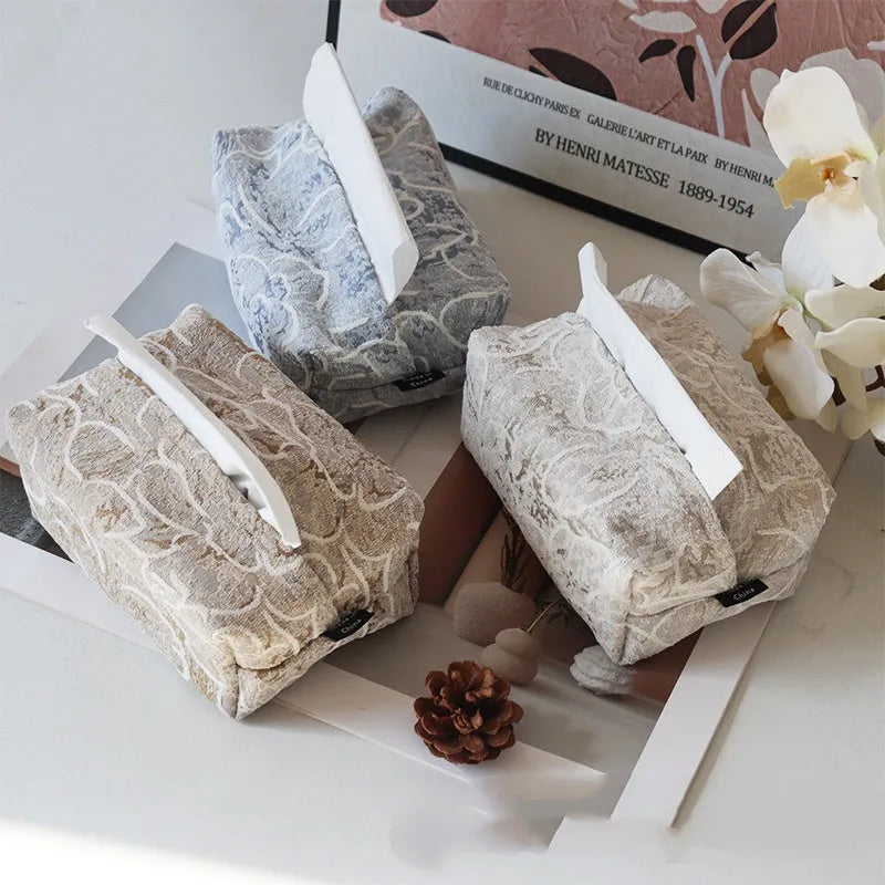 Cotton fabric tissue box cover with rose pattern in beige blue or Maillard brown, 17x11x7cm drawer style for living room tea table.