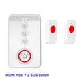 White elderly emergency alert device with central buzzer unit and three wireless emergency buttons for home safety.