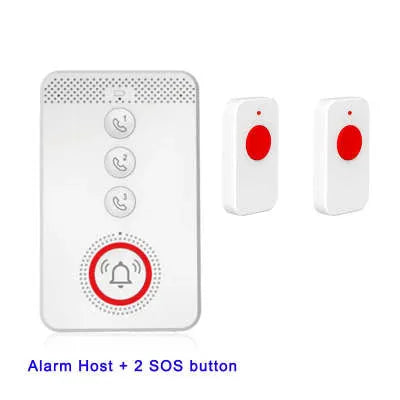 White elderly emergency alert device with central buzzer unit and three wireless emergency buttons for home safety.