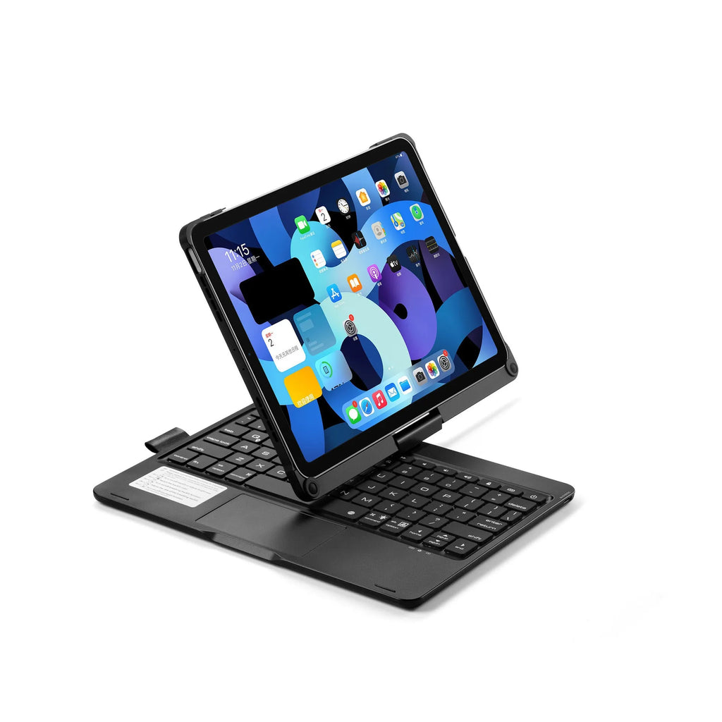 Black Bluetooth keyboard with rotating iPad stand and backlit keys next to an iPad.
