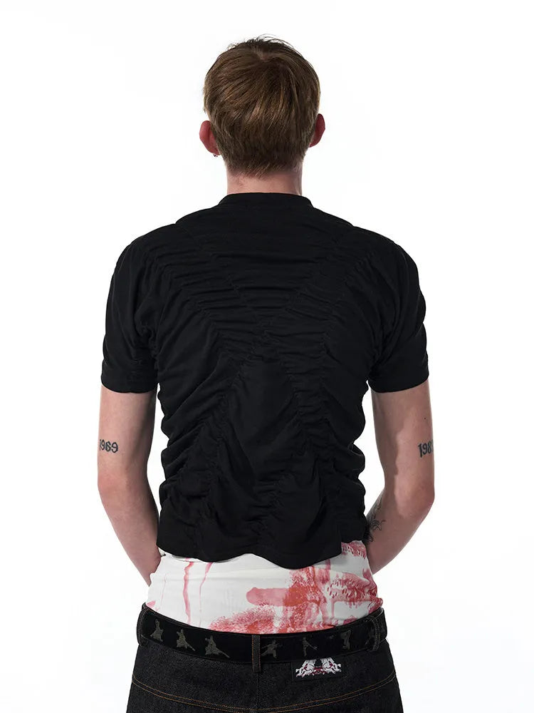 Black men's slim fit short sleeve shirt with a printed design and round neck collar.