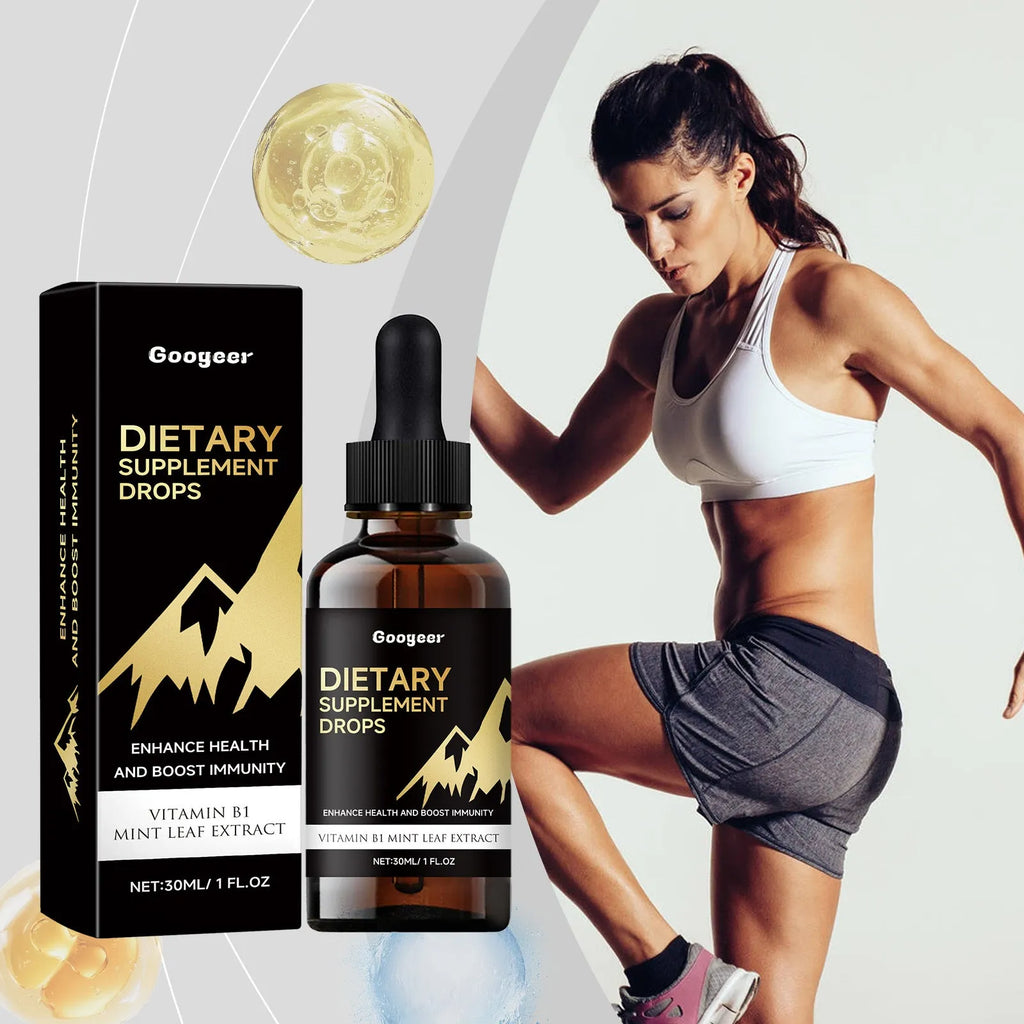 Glass dropper bottle containing amber liquid dietary supplement drops for amino acids and vitamin B12.