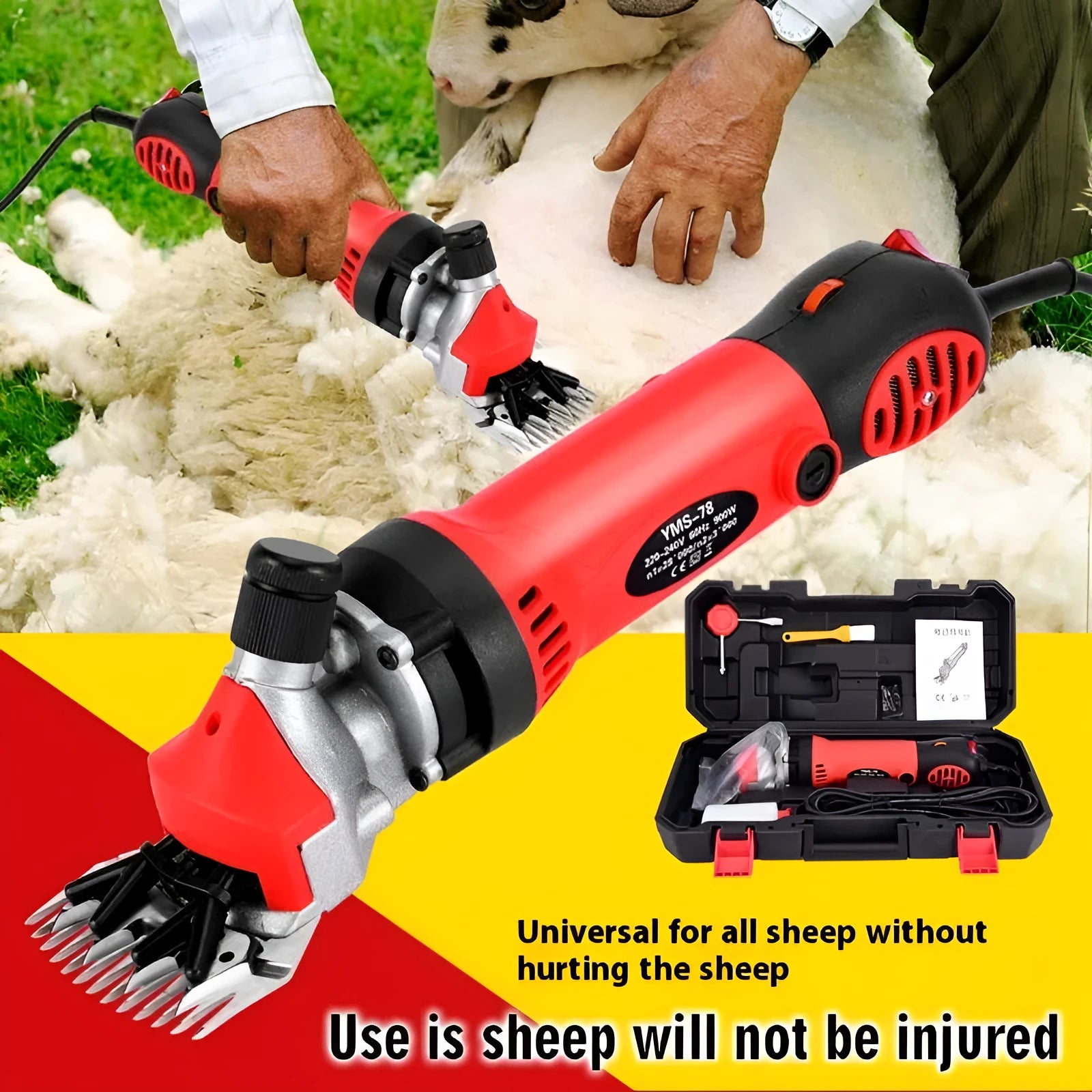 Yellow electric wool shearing machine with blades and tools in a plastic storage case