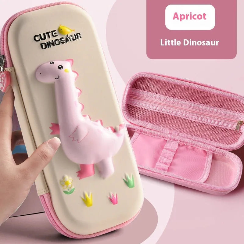 3D leather pencil case with zipper closure showing character design options including astronauts, unicorns, and mermaids