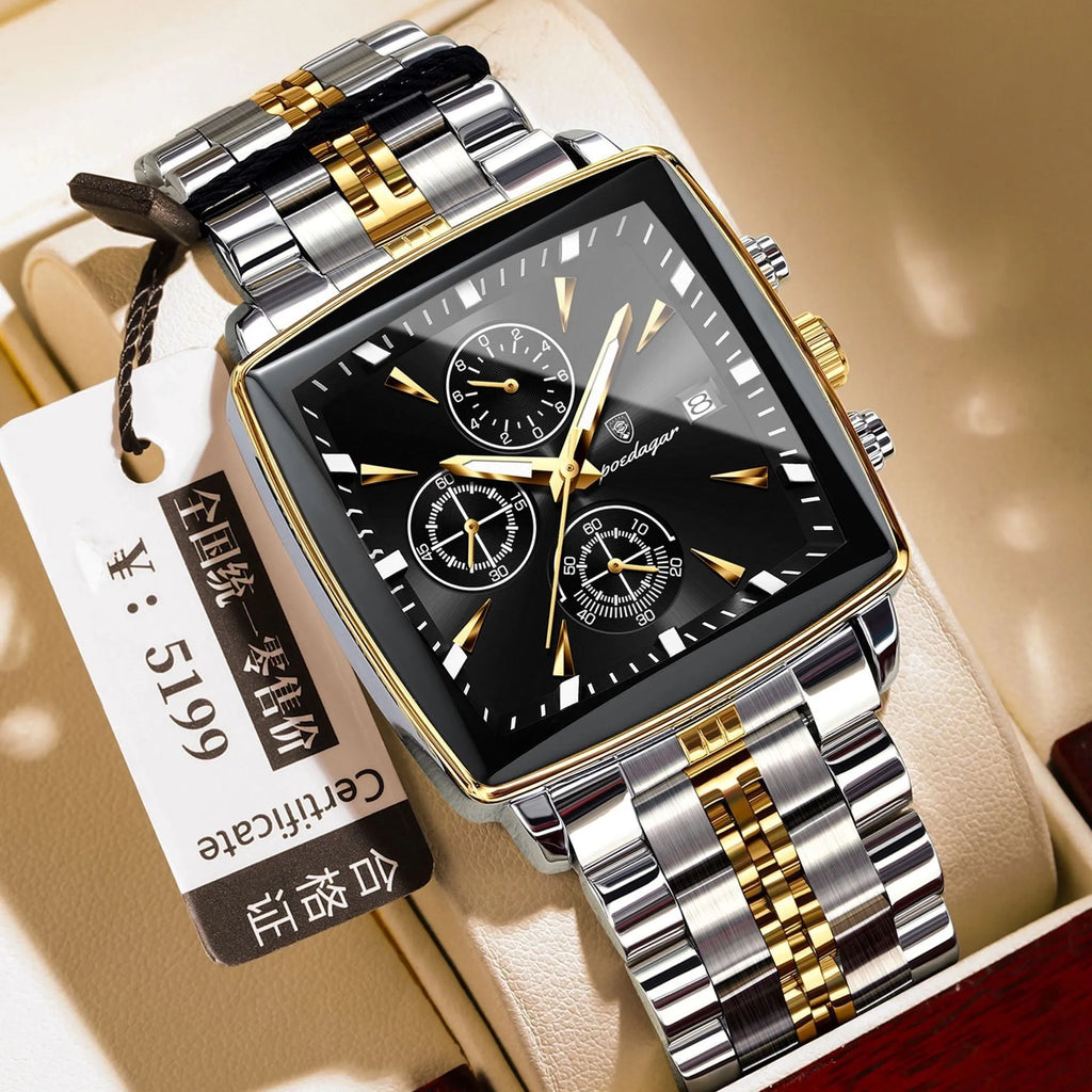 Square men's business watch with stainless steel strap and alloy case showing colour variations