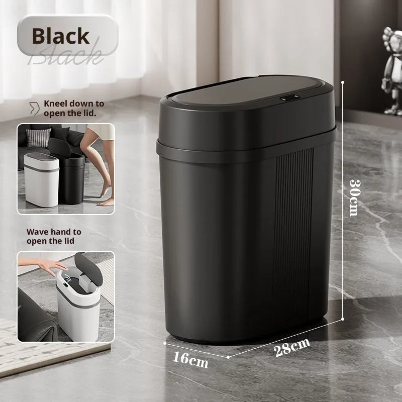 Square smart trash can with lid, waterproof moisture-proof PP bin in black or white battery type