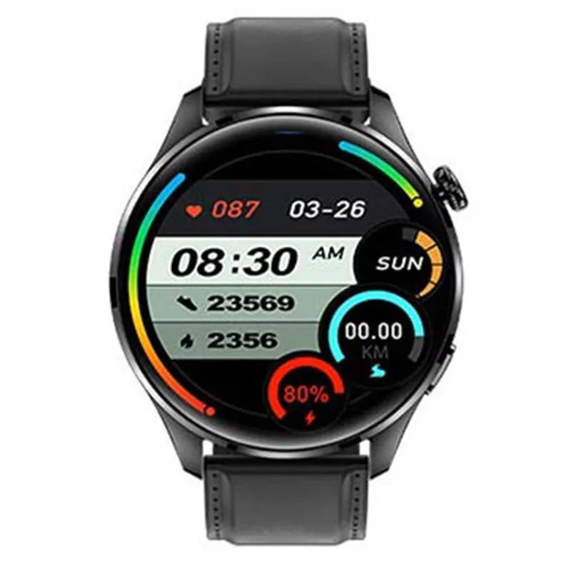 Smart watch with round colour screen and black silicone strap on a wrist