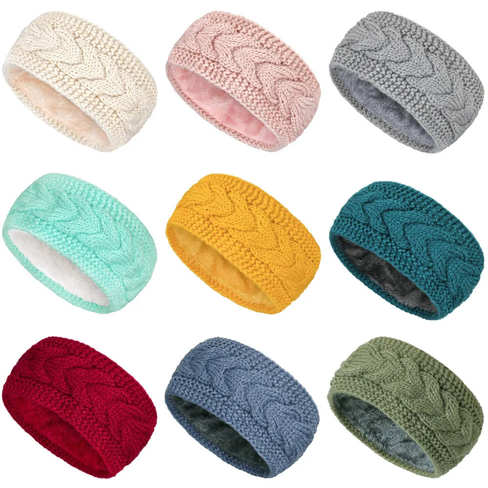 Fleece-lined twist knitted wool hair band for women in black, light grey, beige, and 14 colour options