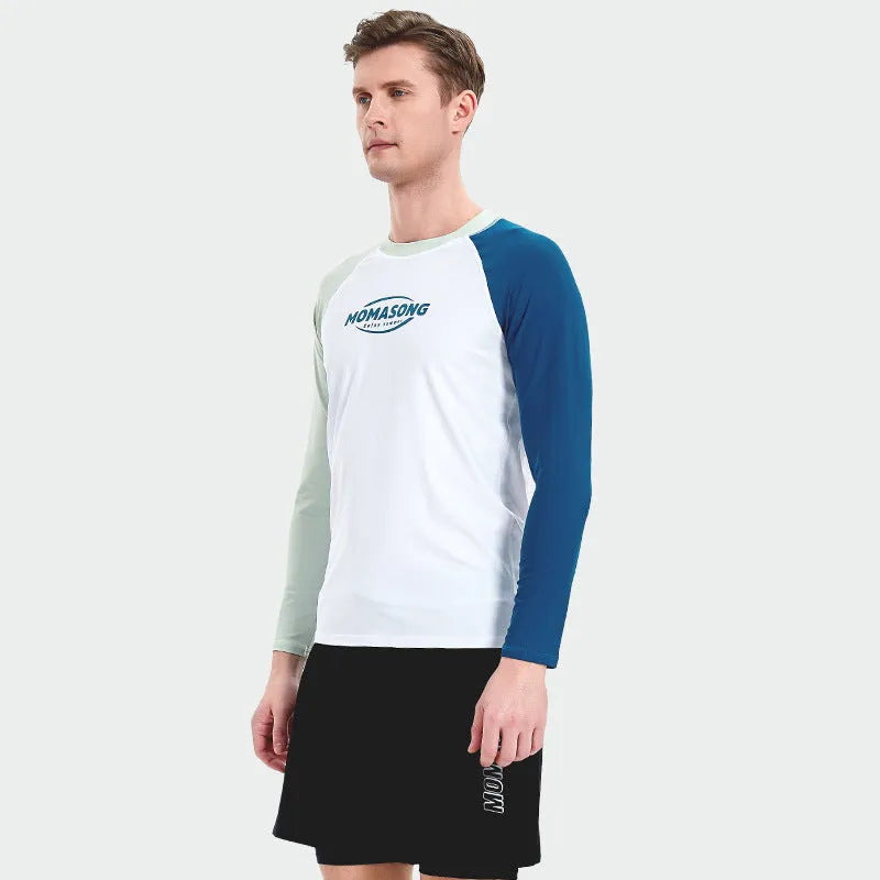 Men's white long-sleeve V-neck swim top with matching blue swim trunks set.