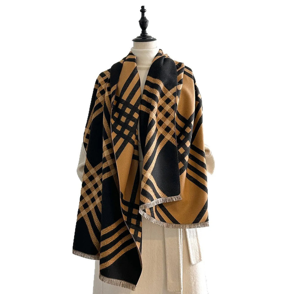 Long brown cashmere-like winter scarf with tassels laid flat showing its full 185cm length.