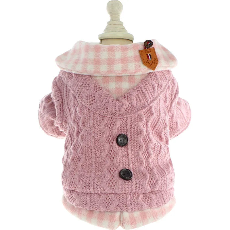 Blue wool plaid fleece-lined dog sweater with fake two-piece jacket design