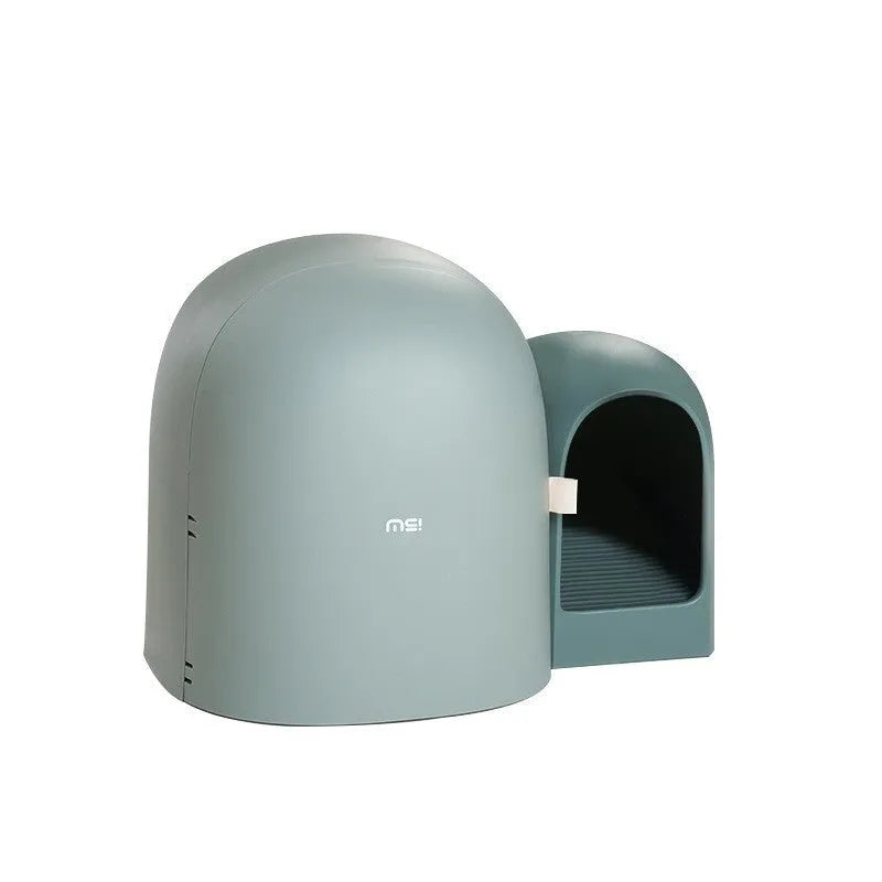 Fully enclosed oversized cat litter box in Aurora White colour with dimensions 67.7cm by 49cm.