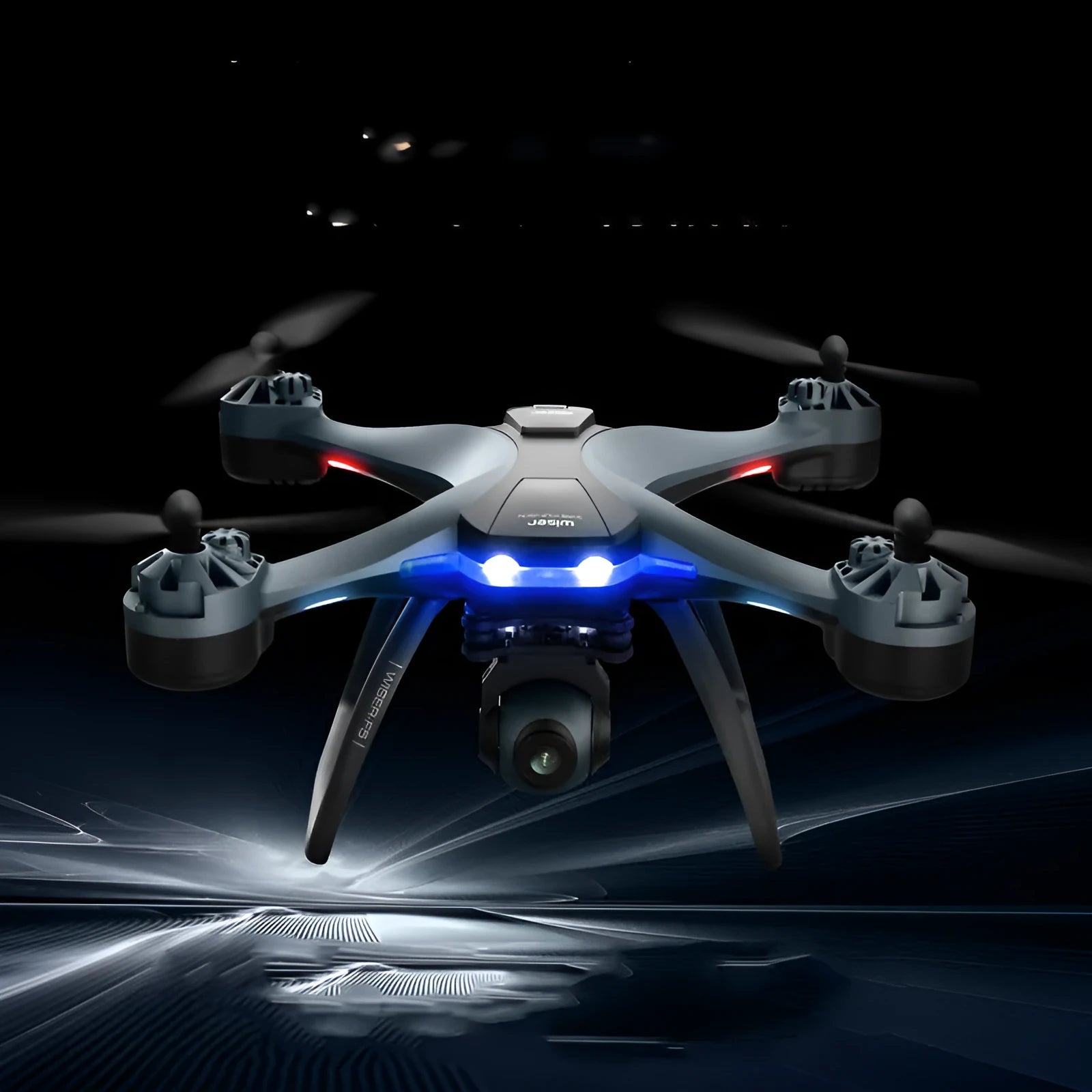 Plastic quadrocopter drone with GPS, remote controller, spare blades, and landing gear on grey background