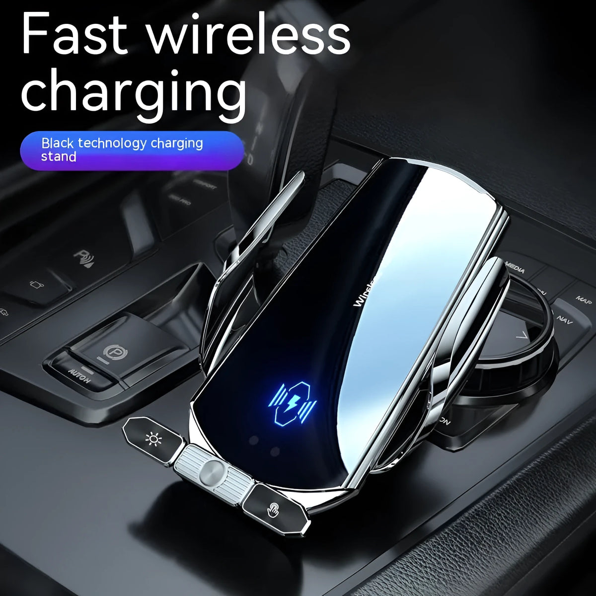 Car wireless charger bracket with electric clamping on a car air vent, 15W Type-C, black finish