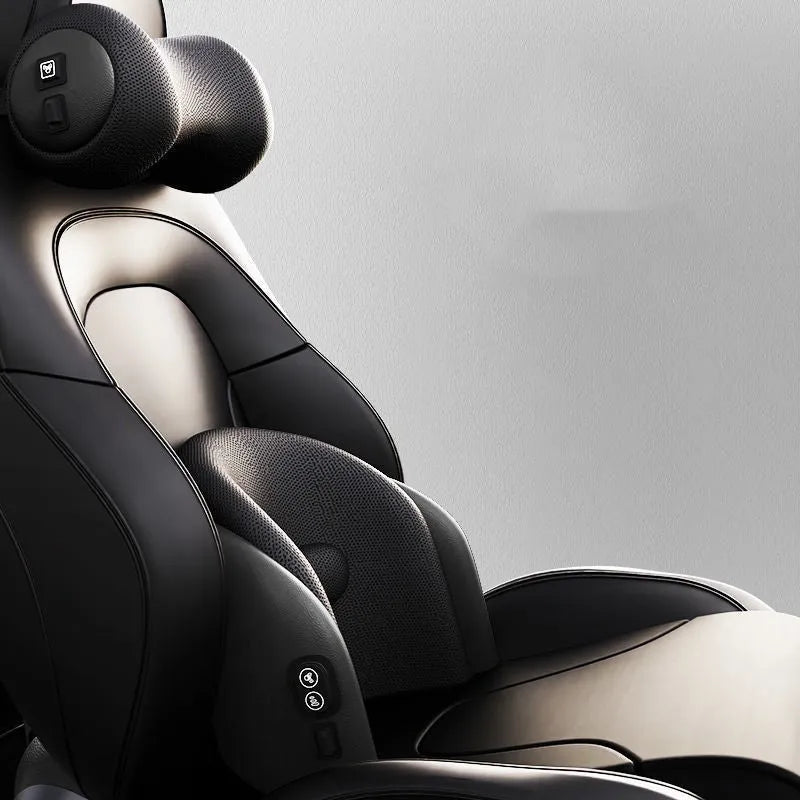 Memory cotton car massage cushion shown as convertible headrest and waist support in classic black colour
