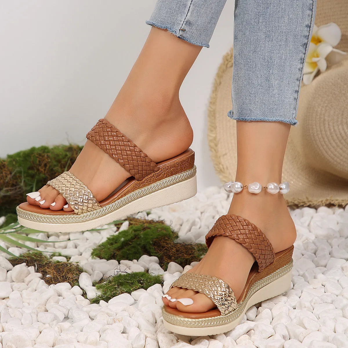 Gold women's wedge sandal with PU upper and rubber sole, shown from the side.