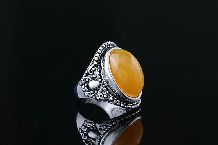 Alloy ring with antique silver amber electroplated finish and geometric retro design