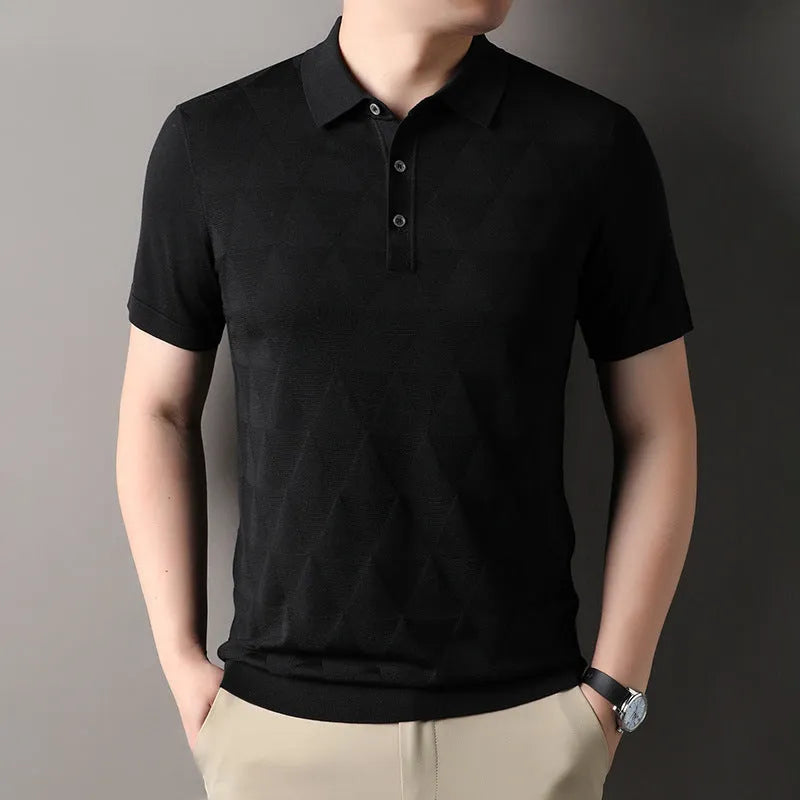 Men's short sleeve ice silk T-shirt in grey, showing regular fit and thin fabric.