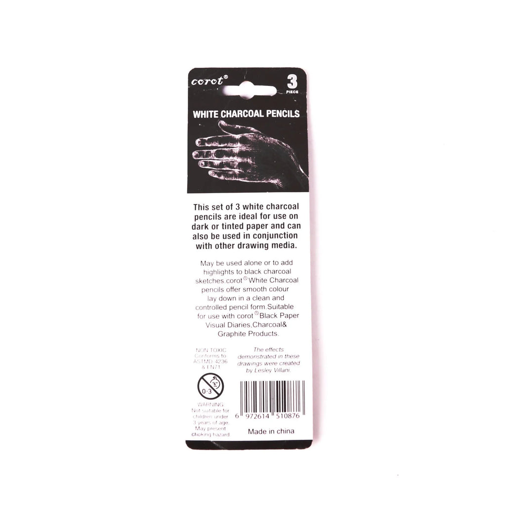Wooden case containing three white charcoal sketching pencils for drawing on dark paper