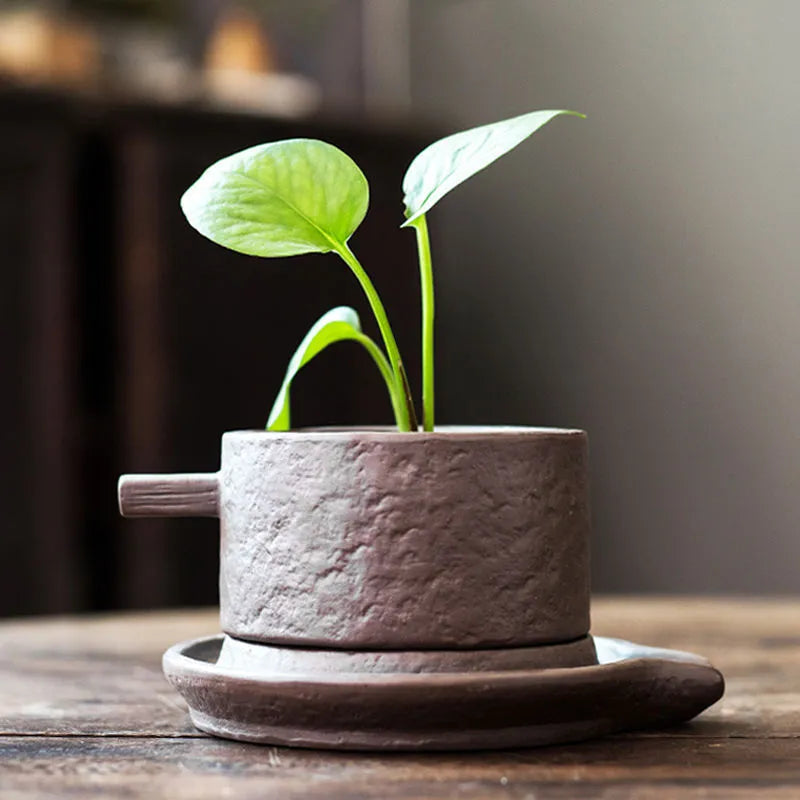 Ceramic desktop flowerpot with semi-manual grouting texture, stone revolve style