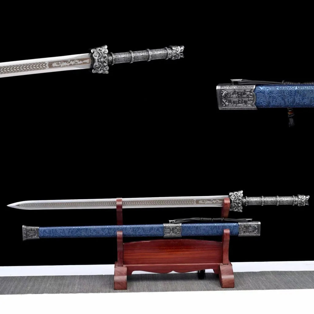 Tang-style long sword, 102cm, unsharpened manganese steel blade, solid wood leather scabbard, alloy fittings, 1.6kg