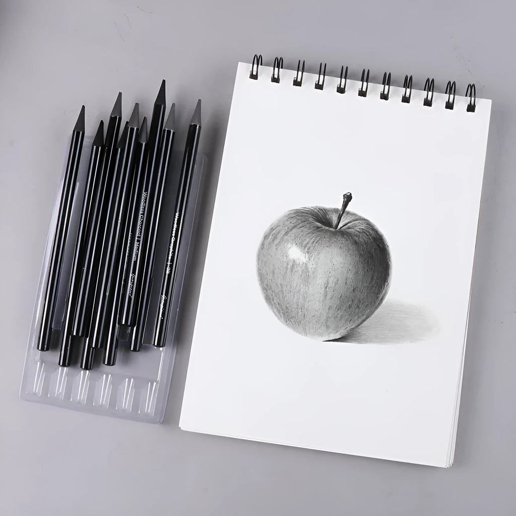 Set of six graphite pencils and three carbonized pencils packaged on a white suction card.