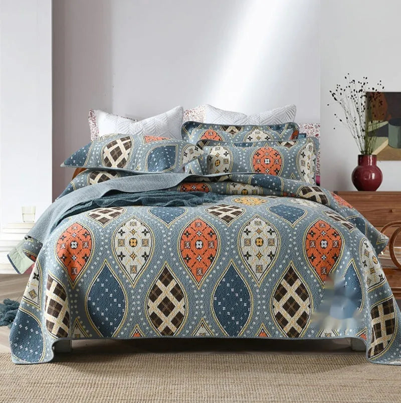 Pure cotton bedspread three-piece set with double-sided geometric patterns for 1.8 metre beds