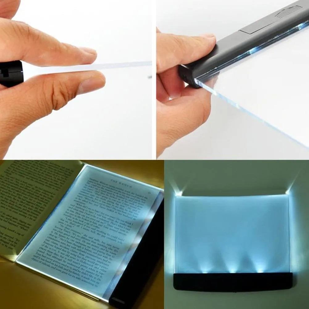 White flat-panel night vision reading lamp on a table, 14.8cm x 17.6cm x 1.5cm