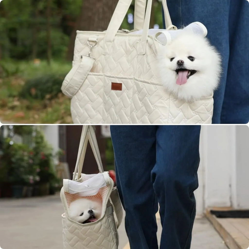 Grey pet carrier handbag with mesh panels and multiple pockets for cats and small dogs