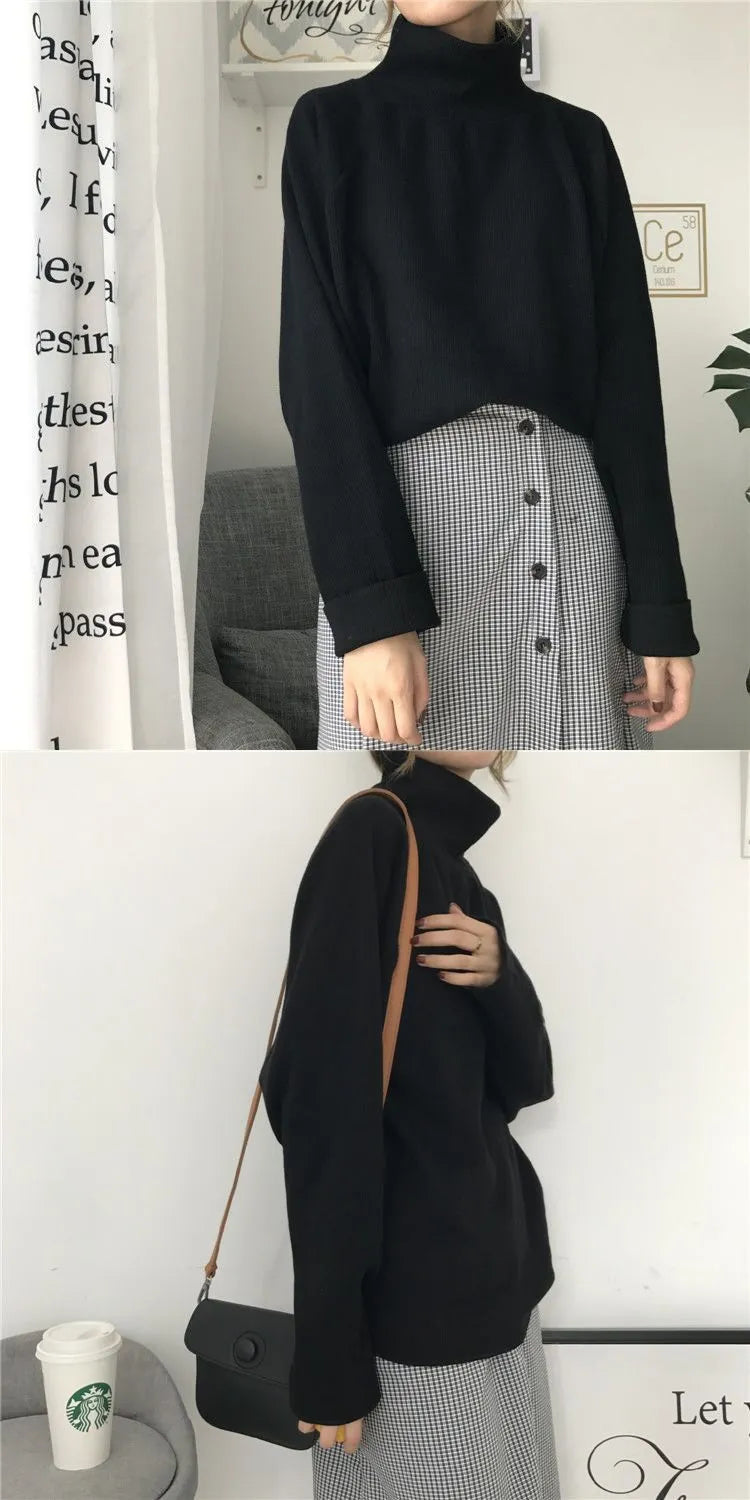 Women's solid colour loose-fit polyester top with half-high collar and long sleeves.